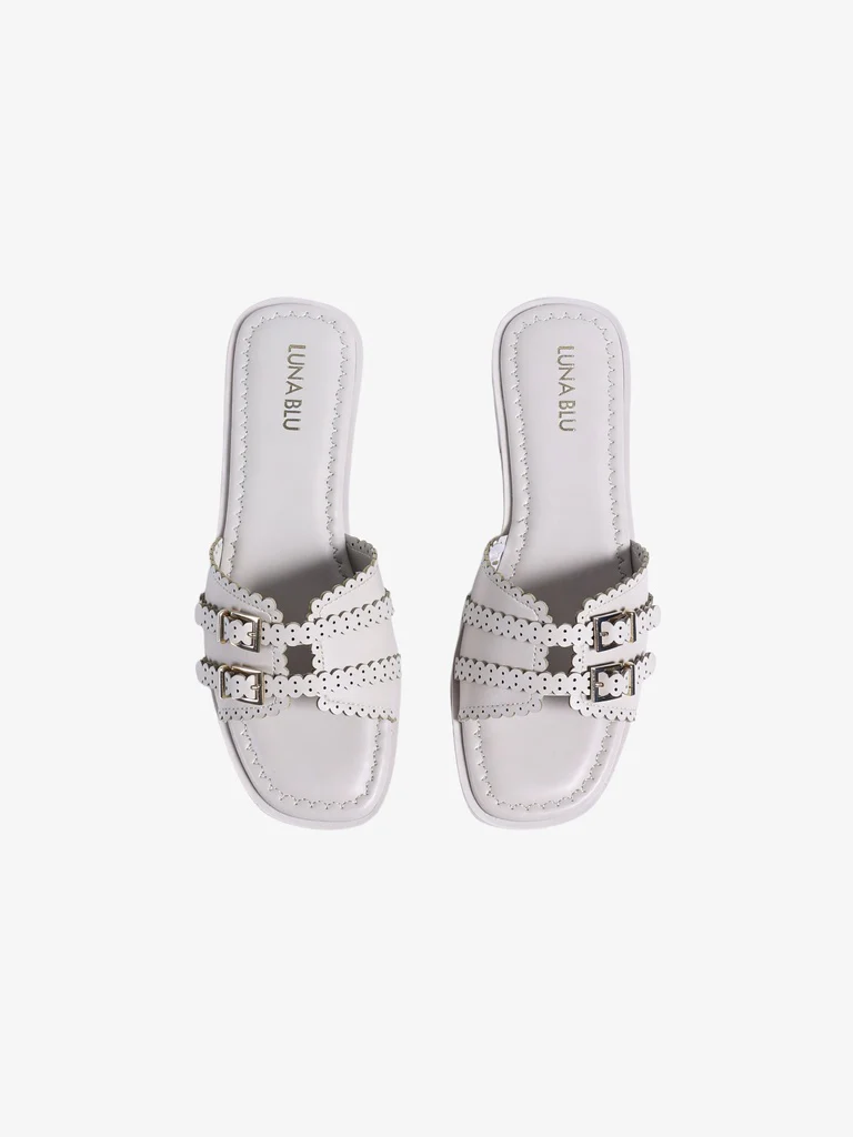 LUNA BLU Ivory Double Strap Slip-On Sandals