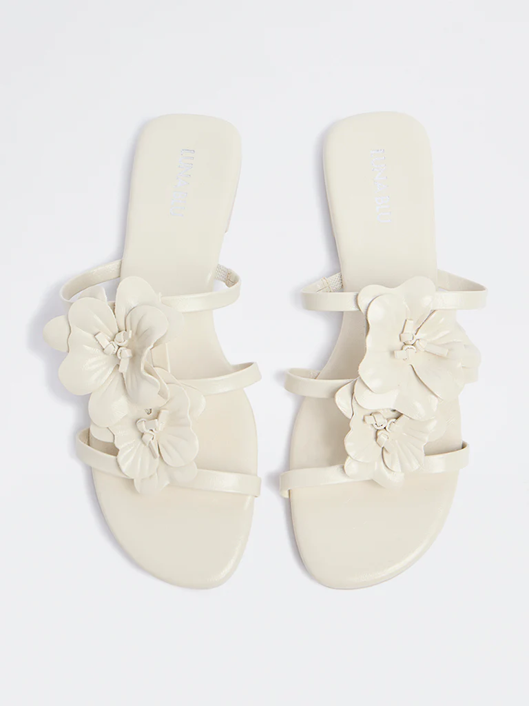LUNA BLU Ivory Floral Detailed Multi-Strap Slides - Image 2