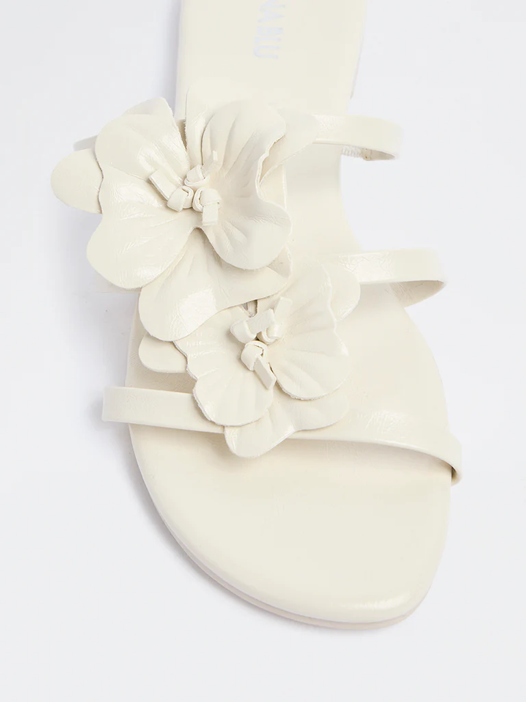 LUNA BLU Ivory Floral Detailed Multi-Strap Slides - Image 3