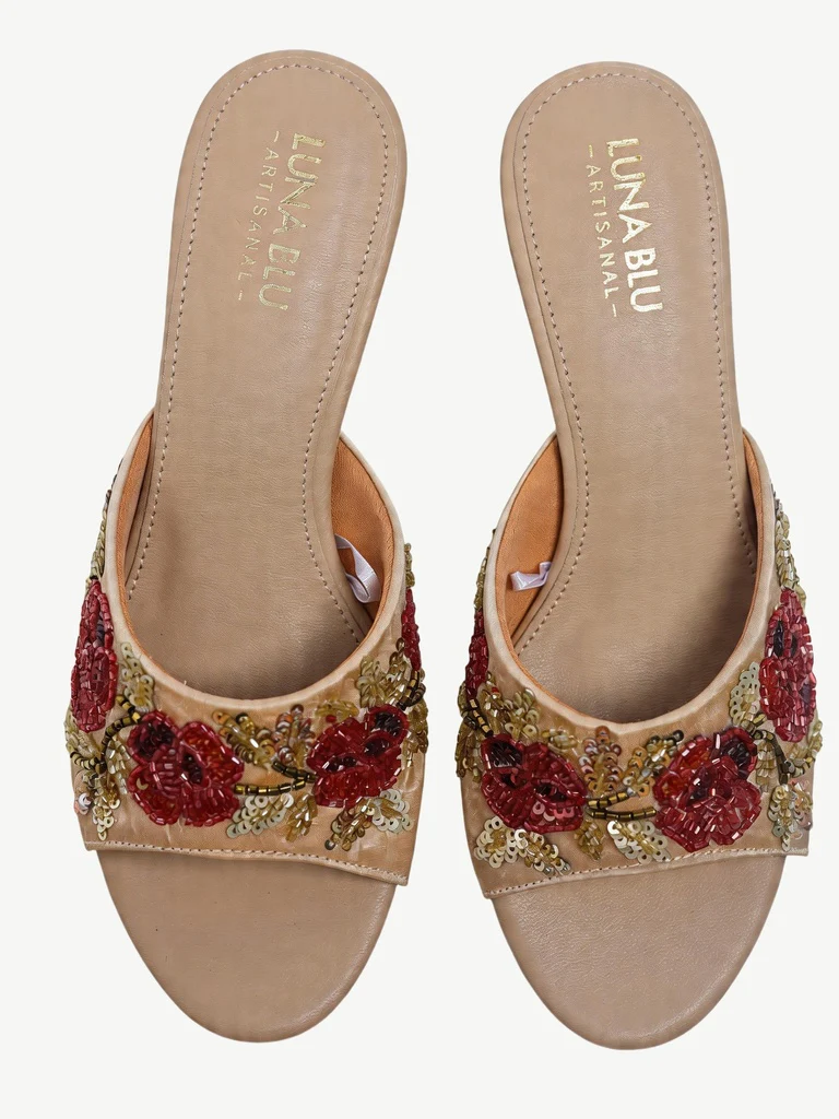 LUNA BLU Ivory Floral Embroidered Heel Sandals