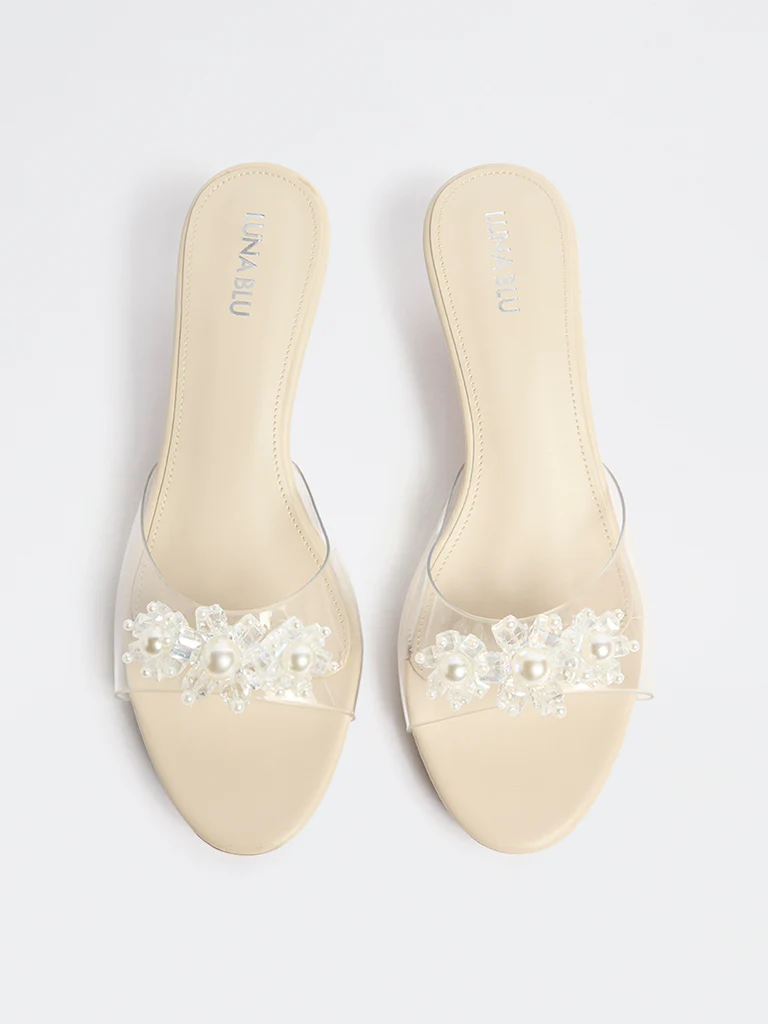 LUNA BLU Ivory Pearl Embellished Vinyl Strap Sandals - Image 3
