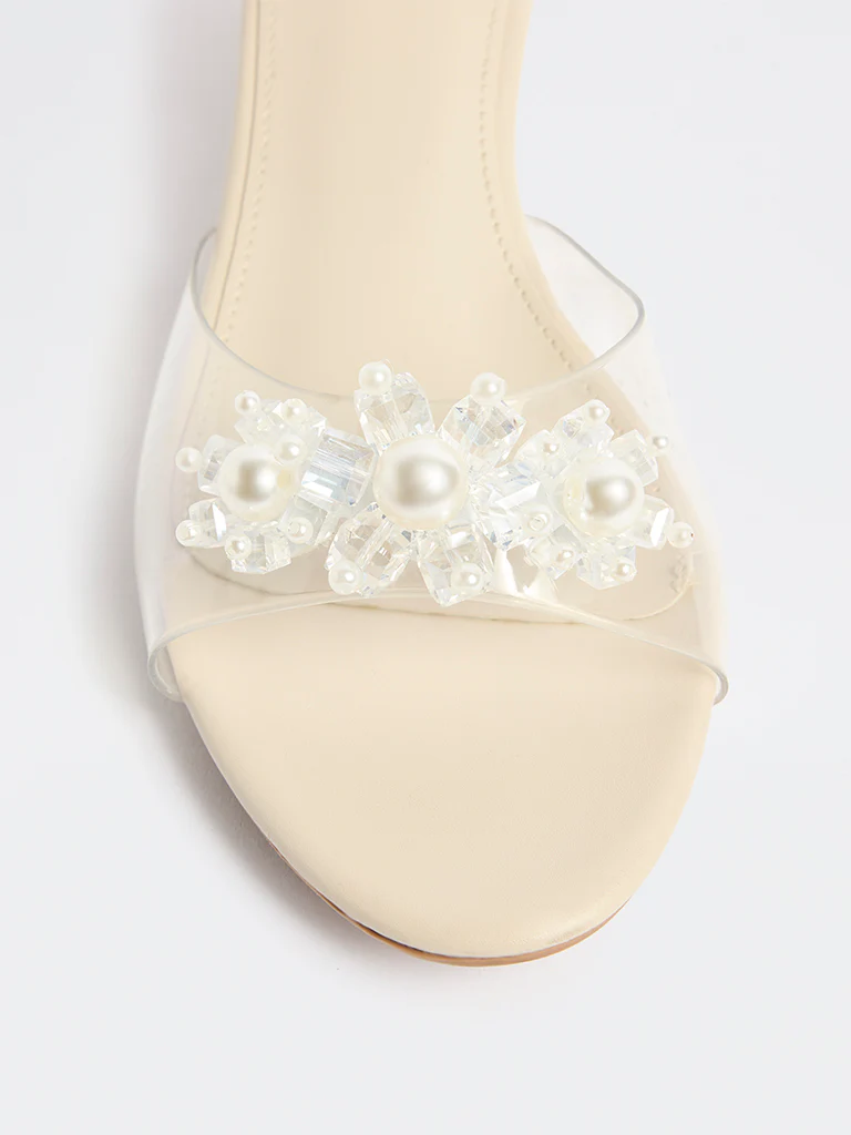 LUNA BLU Ivory Pearl Embellished Vinyl Strap Sandals - Image 4