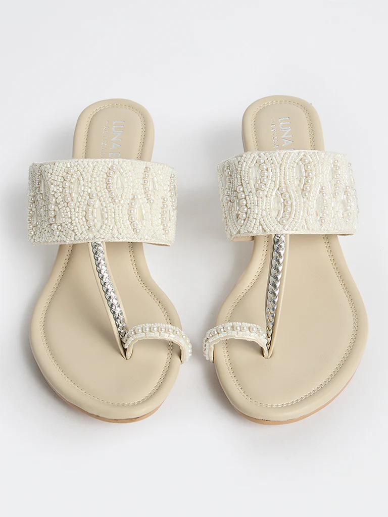 LUNA BLU Ivory Pearlescent Kolhapuri Wedge Heel Sandals - Image 3
