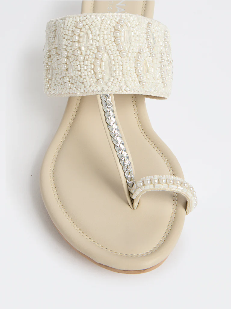 LUNA BLU Ivory Pearlescent Kolhapuri Wedge Heel Sandals - Image 4
