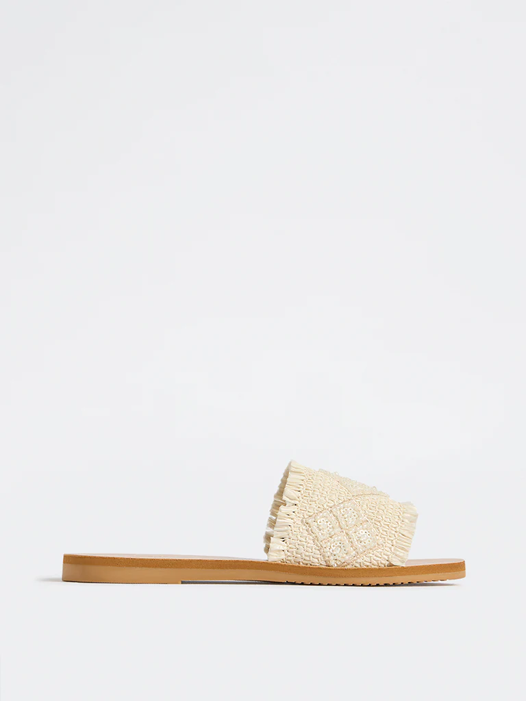 LUNA BLU Ivory Raffia Embroidered Slides - Image 2