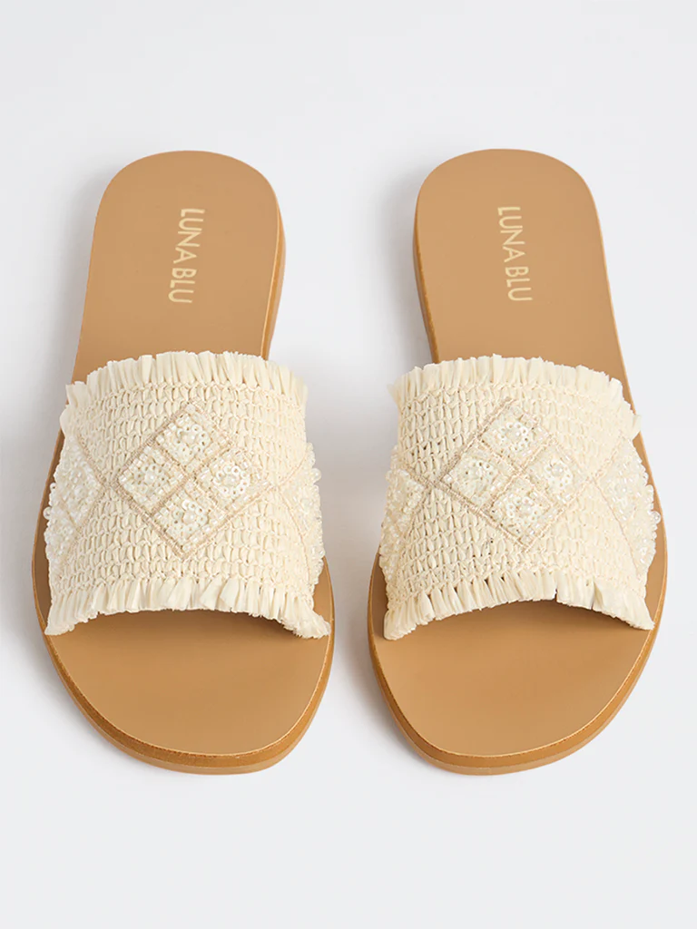 LUNA BLU Ivory Raffia Embroidered Slides - Image 3
