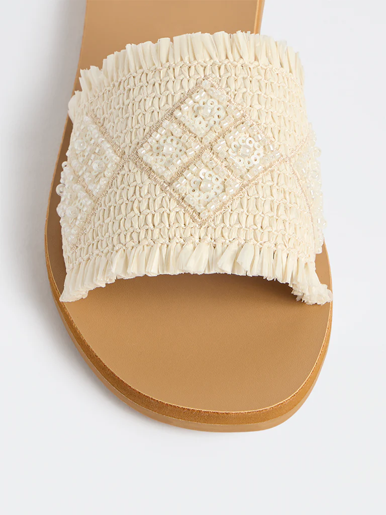 LUNA BLU Ivory Raffia Embroidered Slides - Image 4