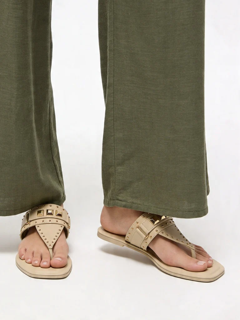 LUNA BLU Ivory Stud Detail Flat Sandals - Image 2