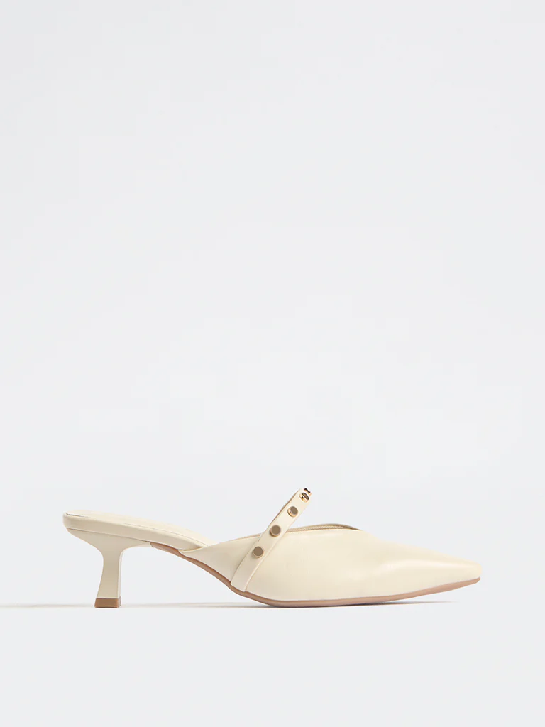 LUNA BLU Ivory Stud-Detailed Kitten-Heel Mules - Image 2