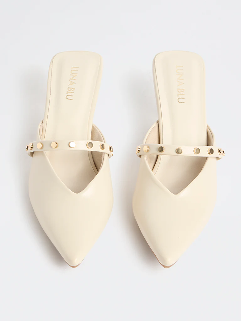 LUNA BLU Ivory Stud-Detailed Kitten-Heel Mules - Image 3
