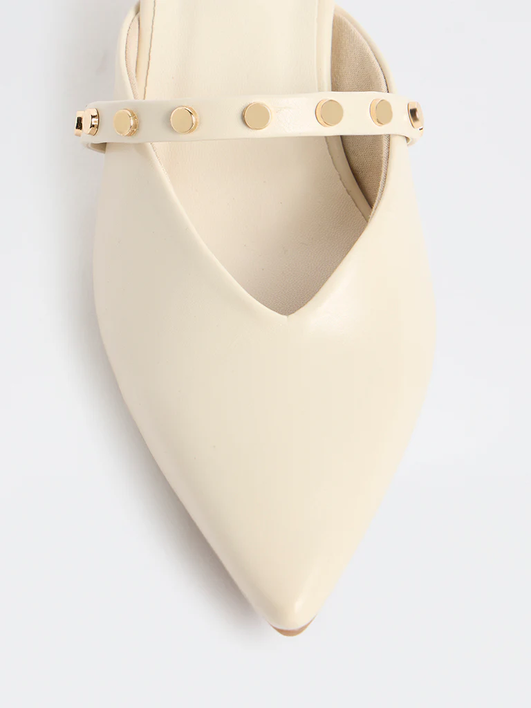 LUNA BLU Ivory Stud-Detailed Kitten-Heel Mules - Image 4