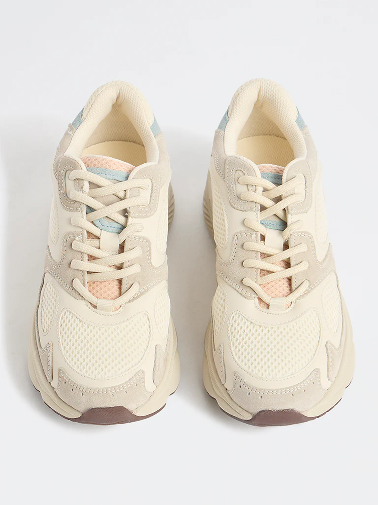 LUNA BLU Ivory Sude-Detail Mesh Lace-Up Sneakers - Image 3