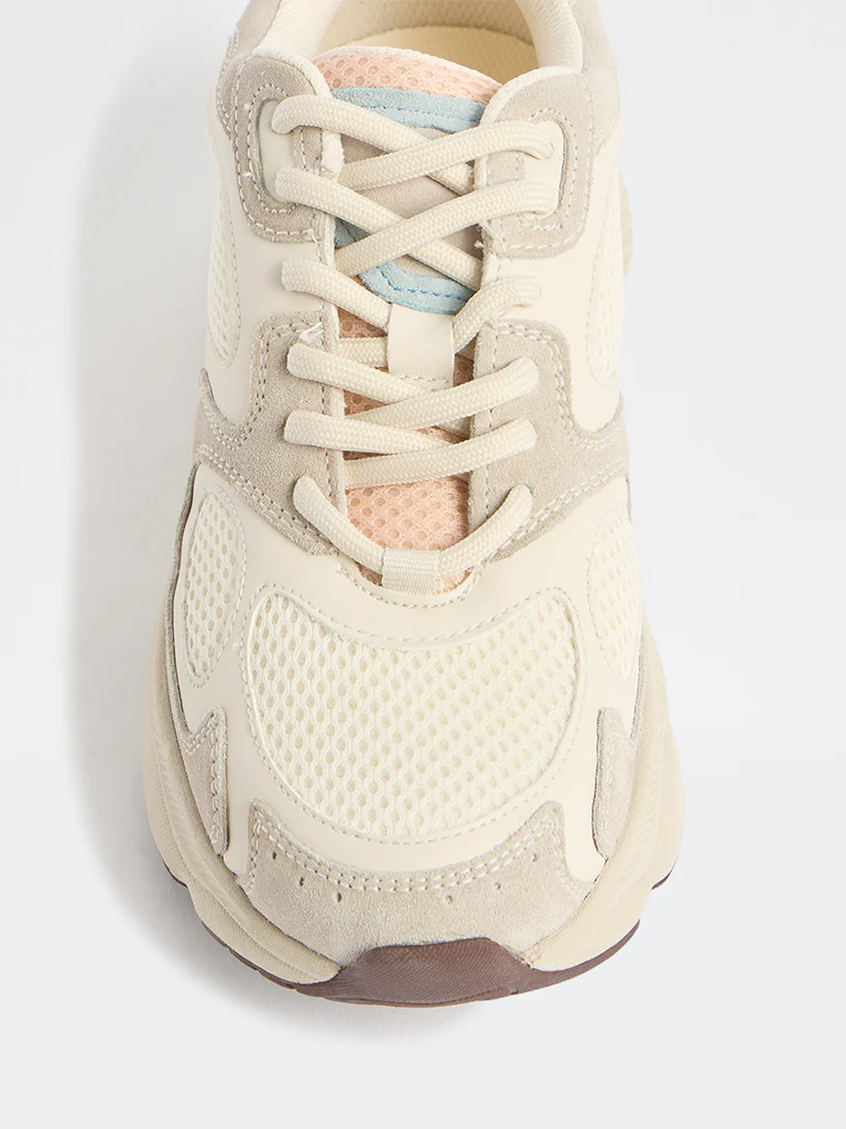 LUNA BLU Ivory Sude-Detail Mesh Lace-Up Sneakers - Image 4