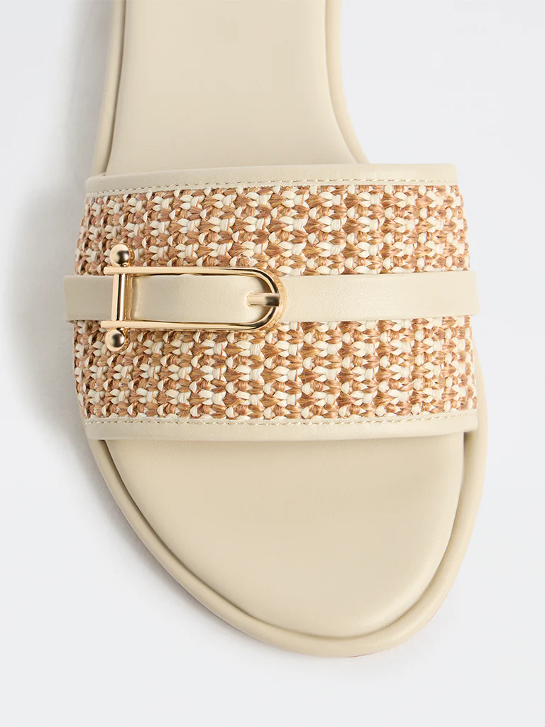 LUNA BLU Light Beige Raffia Textured Slides - Image 4