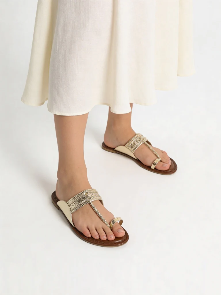 LUNA BLU Light Gold Braided Kolhapuri Sandals