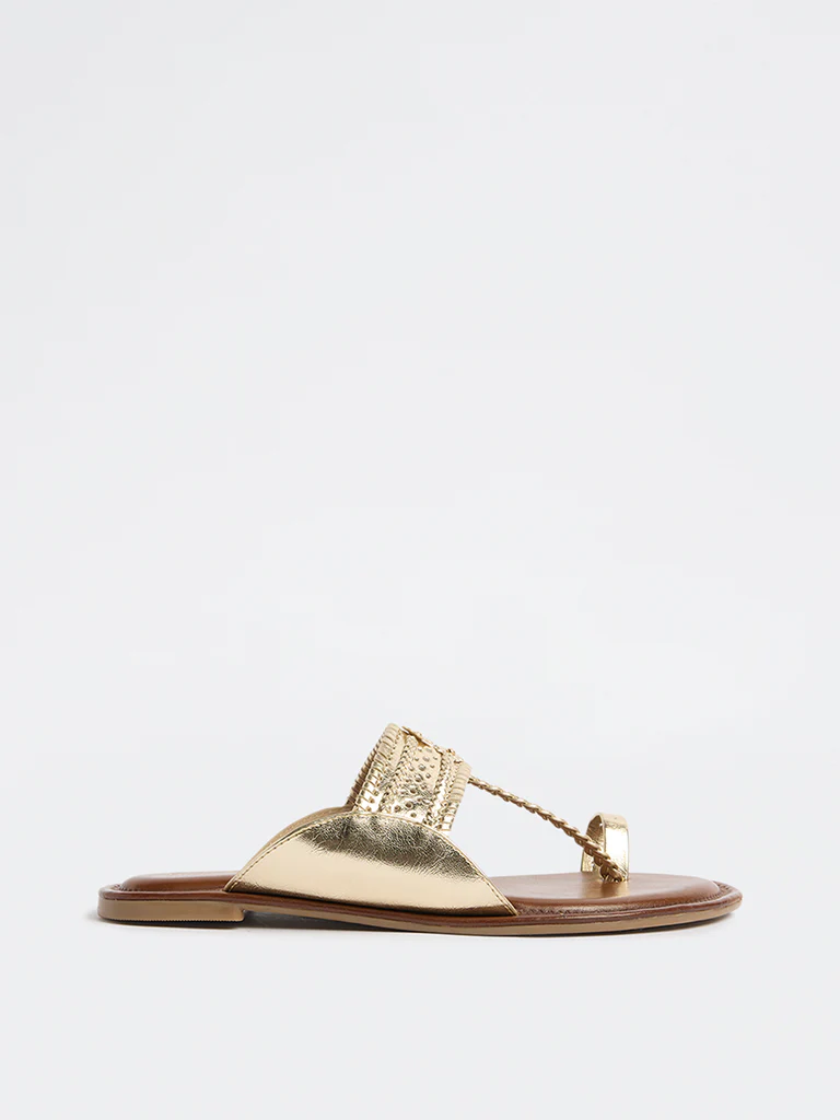 LUNA BLU Light Gold Braided Kolhapuri Sandals - Image 2