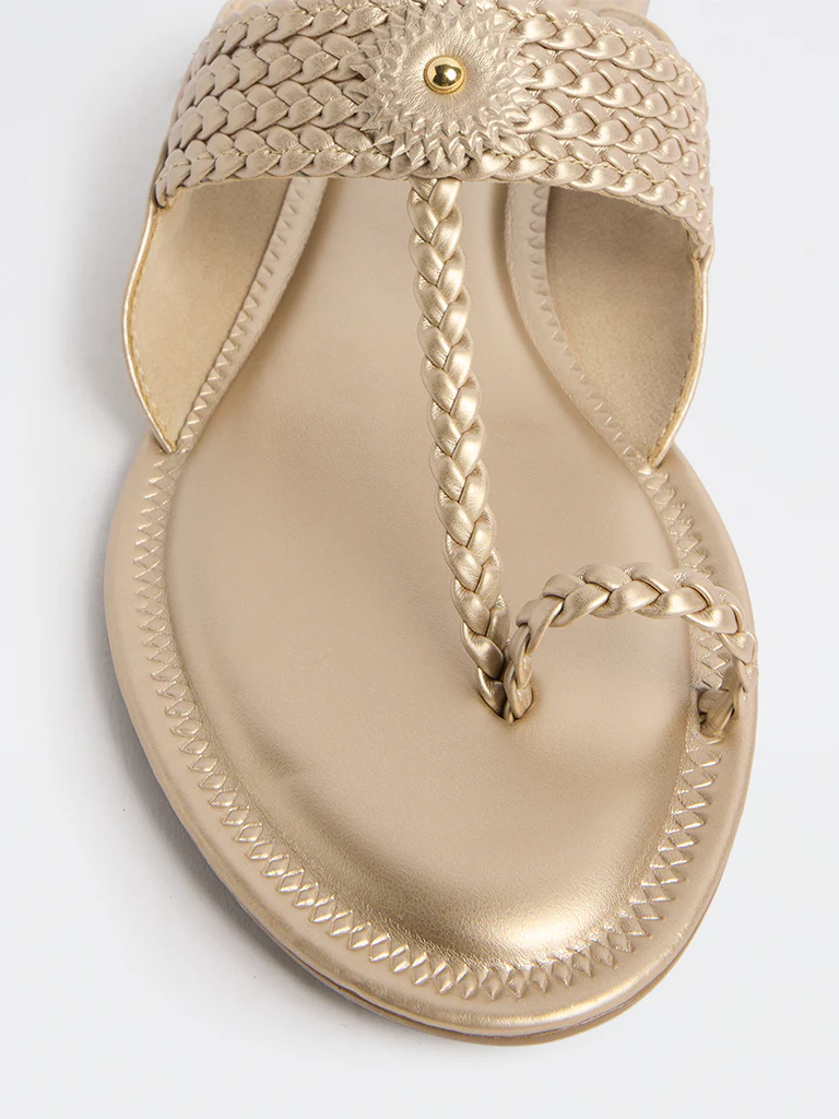LUNA BLU Light Gold Toe-Ring Braided Sandals - Image 3