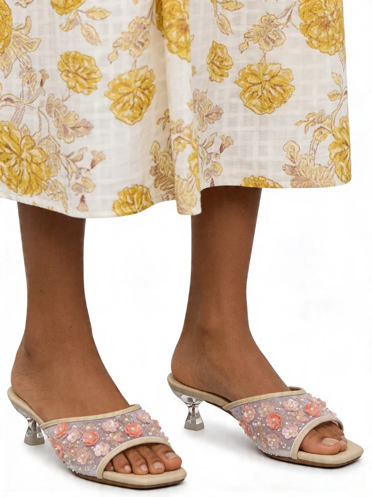 LUNA BLU Light Pink Floral Sequin Kitten Heel Sandals - Image 2