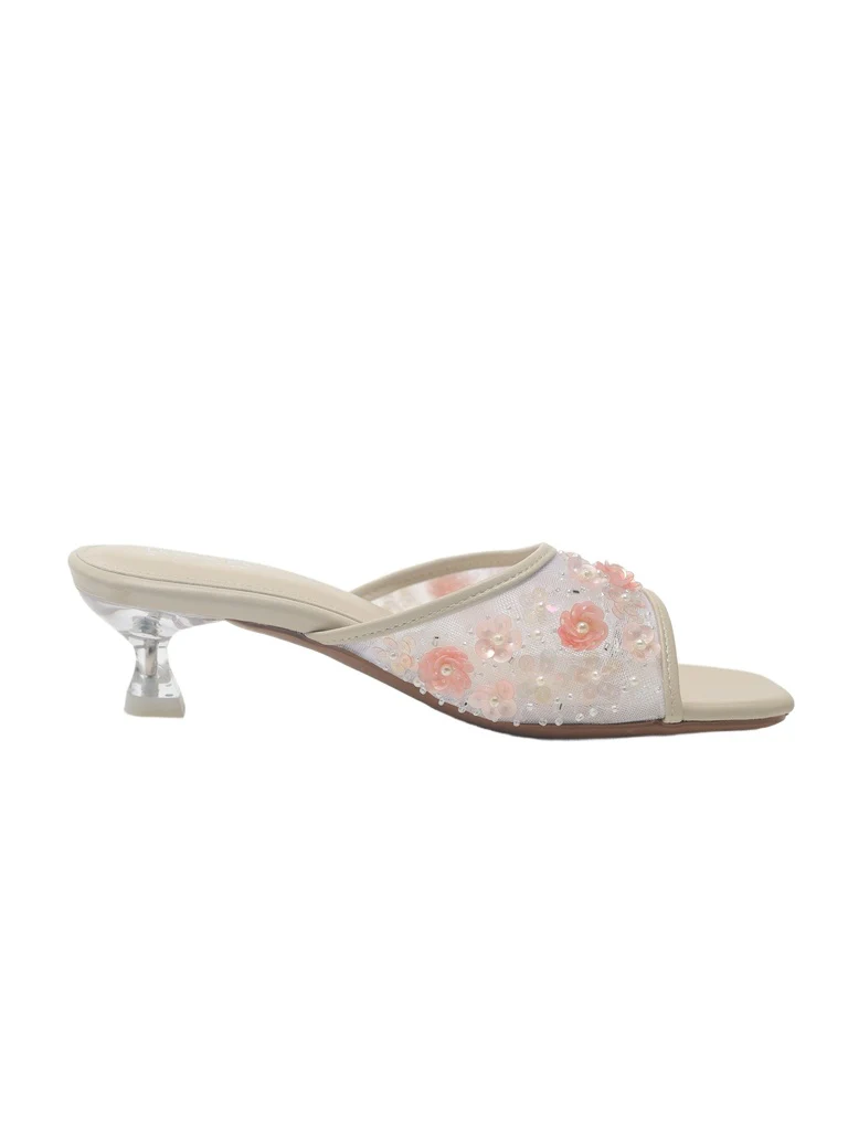LUNA BLU Light Pink Floral Sequin Kitten Heel Sandals - Image 4