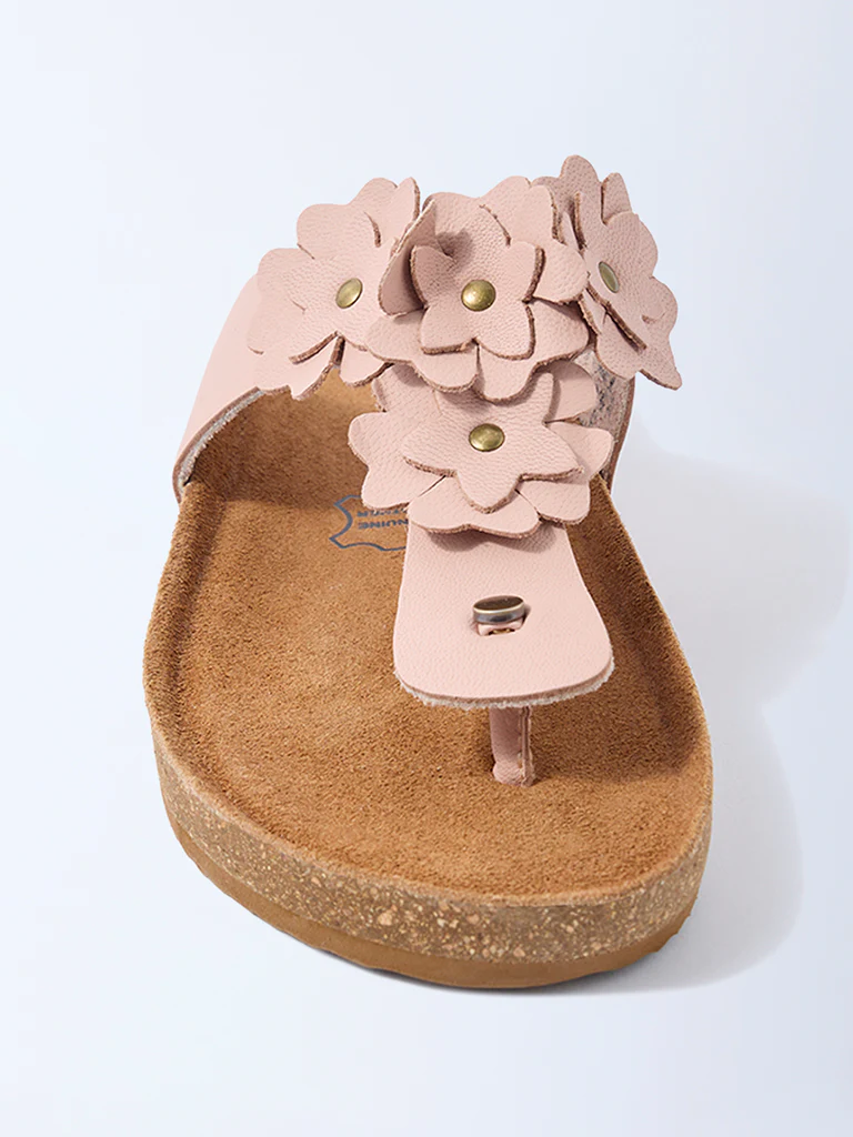 LUNA BLU Light Pink Floral Thong-Strap Leather Sandals - Image 3
