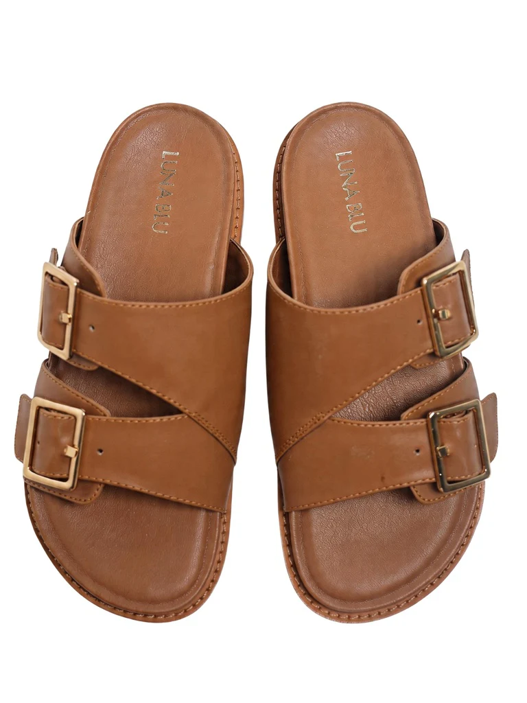 LUNA BLU Light Tan Buckle-Detailed Sandals