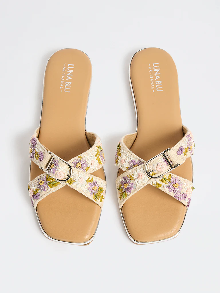 LUNA BLU Lilac Floral Embroidered Slides - Image 2