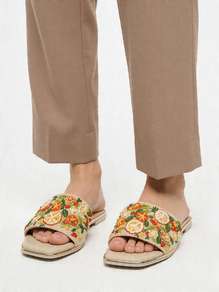 LUNA BLU Multicolor Floral-Embroidered Square Toe Slides - Image 2