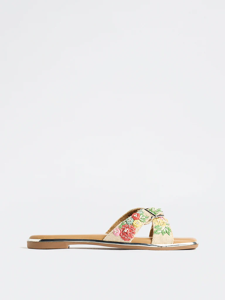 LUNA BLU Multicolor Floral-Embroidered Cross-Strap Slides - Image 4