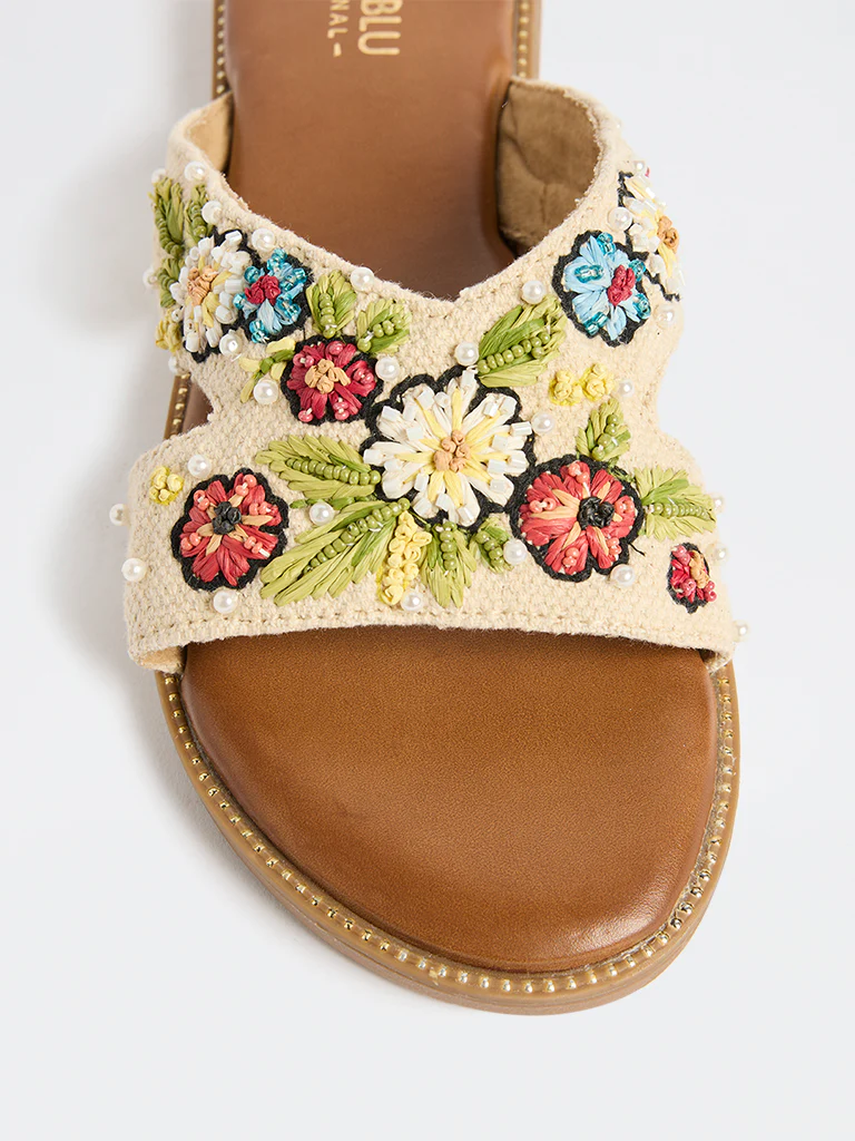 LUNA BLU Multicolour Floral Embroidered Slides - Image 4