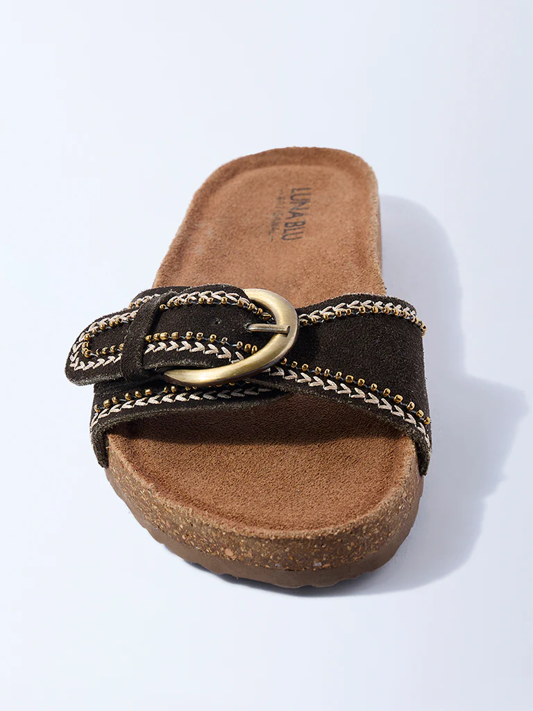 LUNA BLU Olive Buckle-Detailed Slip-On Suede Leather Sandals - Image 3
