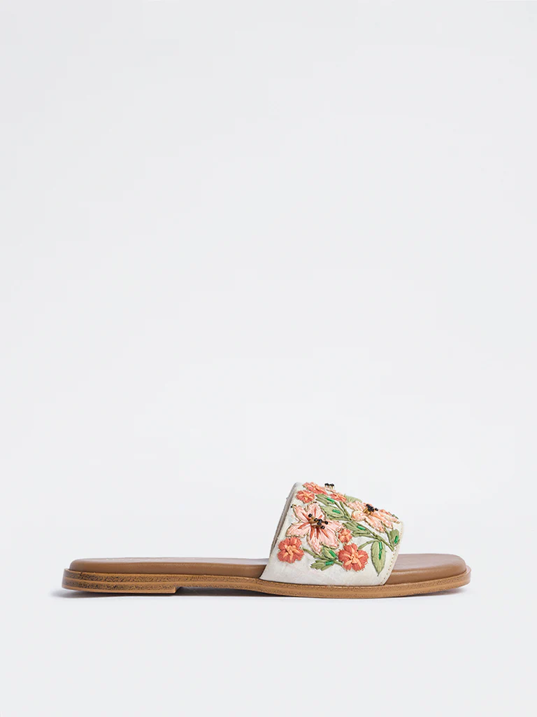 LUNA BLU Orange Floral Embroidered Slides - Image 2
