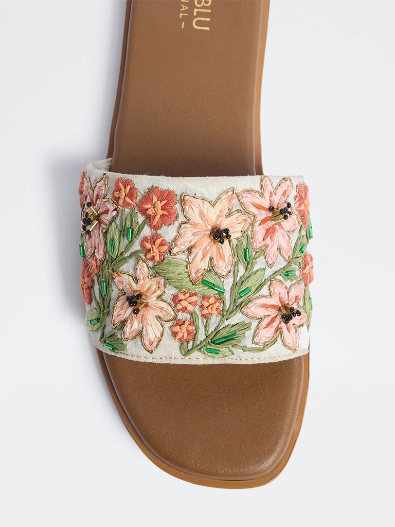 LUNA BLU Orange Floral Embroidered Slides - Image 4