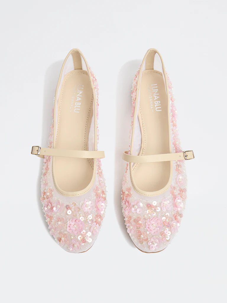 LUNA BLU Pink Floral Embellished Ballerinas - Image 3
