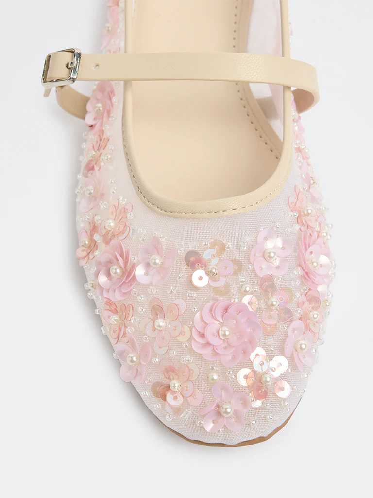 LUNA BLU Pink Floral Embellished Ballerinas - Image 4
