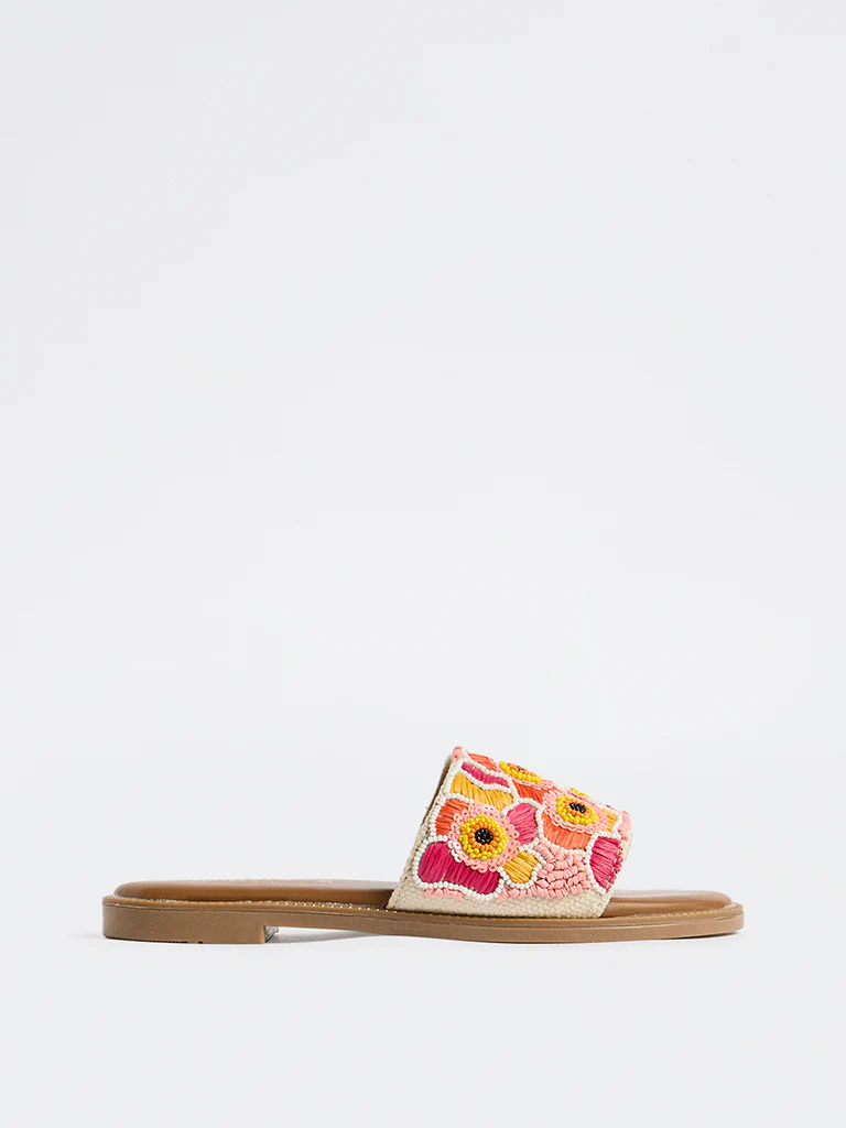 LUNA BLU Pink Floral Embroidered Slides