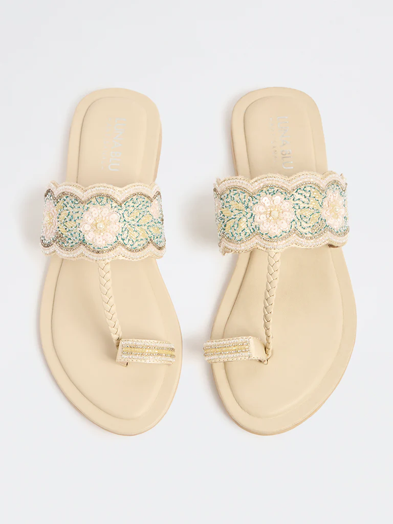 LUNA BLU Pink Sequin Embellished Kolhapuri Sandals - Image 2