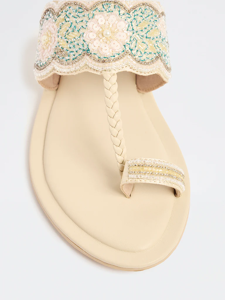 LUNA BLU Pink Sequin Embellished Kolhapuri Sandals - Image 3