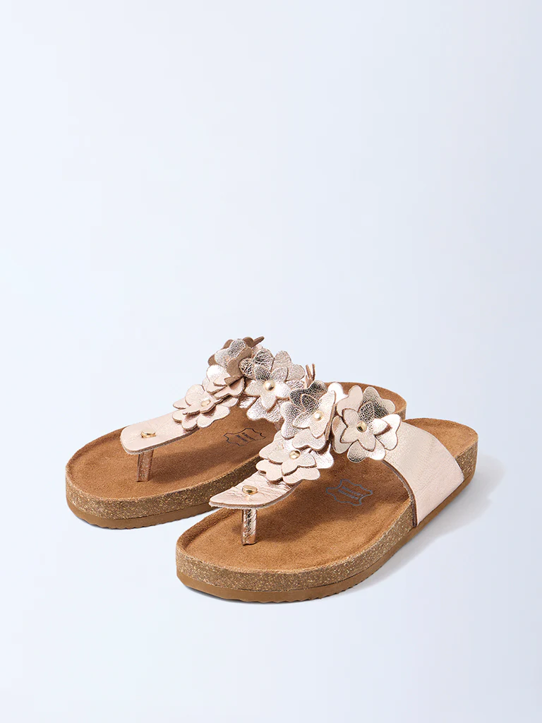 LUNA BLU Rose Gold Floral Thong-Strap Leather Sandals - Image 2