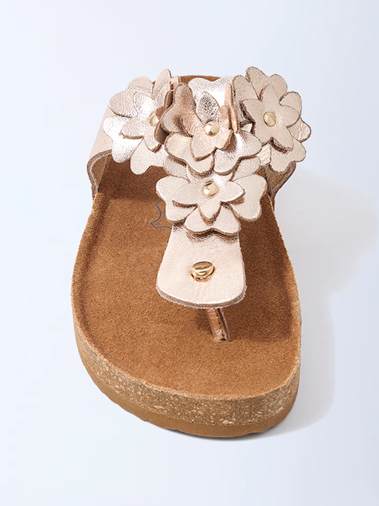 LUNA BLU Rose Gold Floral Thong-Strap Leather Sandals - Image 3