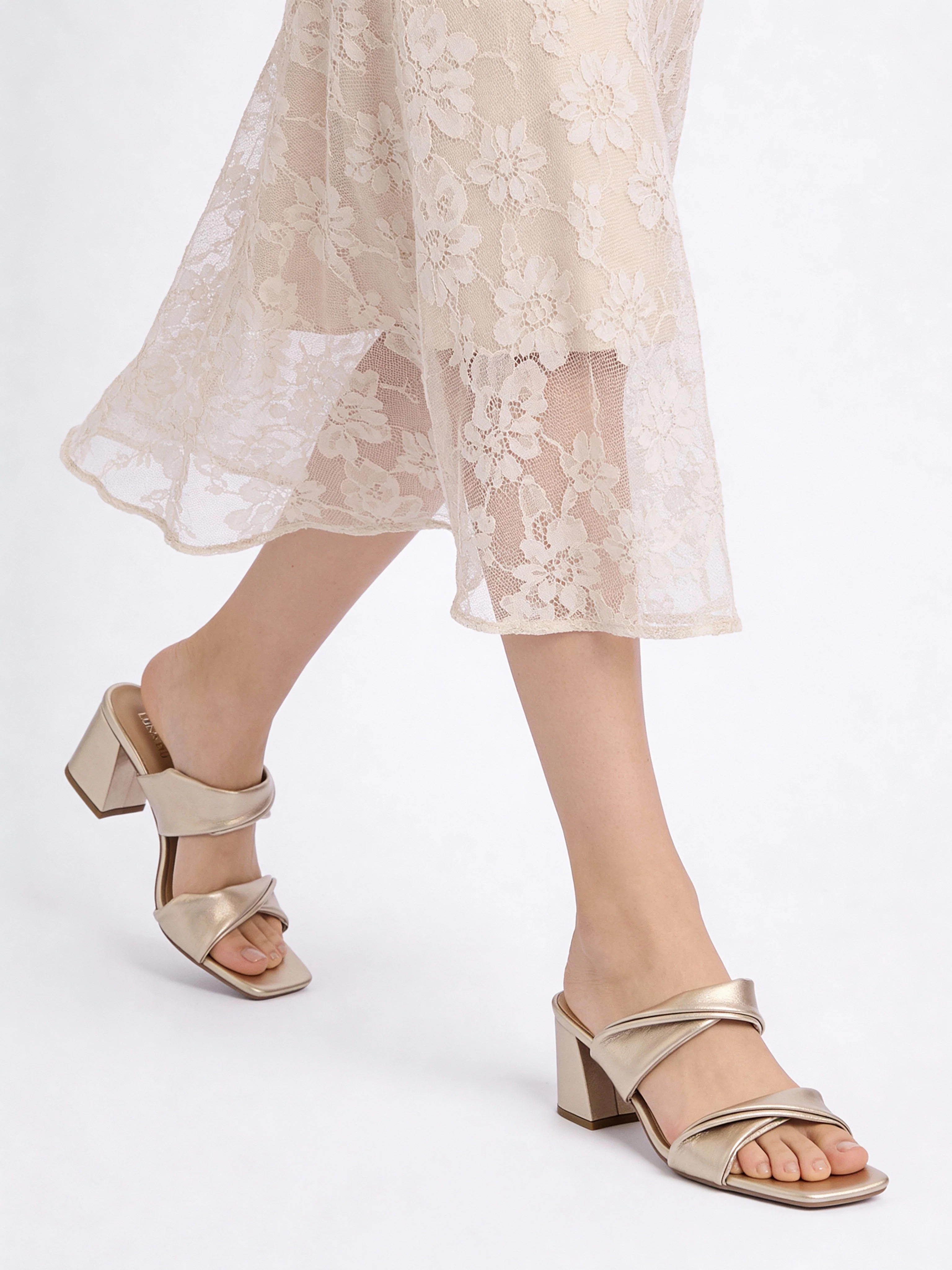 LUNA BLU Rose Gold Ruched Block-Heel Sandals