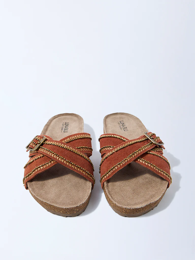 LUNA BLU Rust Criss-Cross Suede Leather Sandals - Image 3