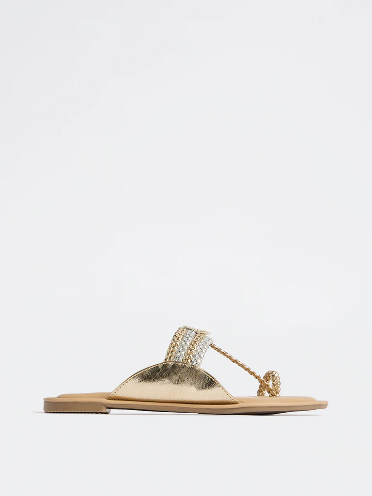 LUNA BLU Silver and Gold Braided Strap Kolhapuri Sandals - Image 2
