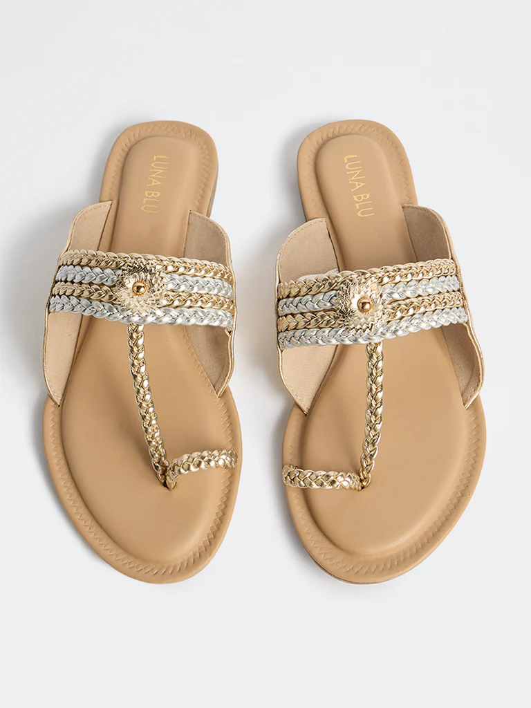 LUNA BLU Silver and Gold Braided Strap Kolhapuri Sandals - Image 3