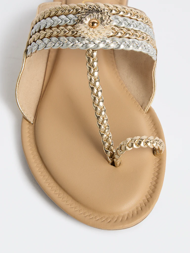 LUNA BLU Silver and Gold Braided Strap Kolhapuri Sandals - Image 4