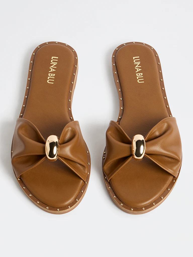 LUNA BLU Tan Bow-Design Slides - Image 2