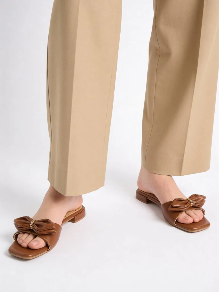 LUNA BLU Tan Bow-Detailed Slides