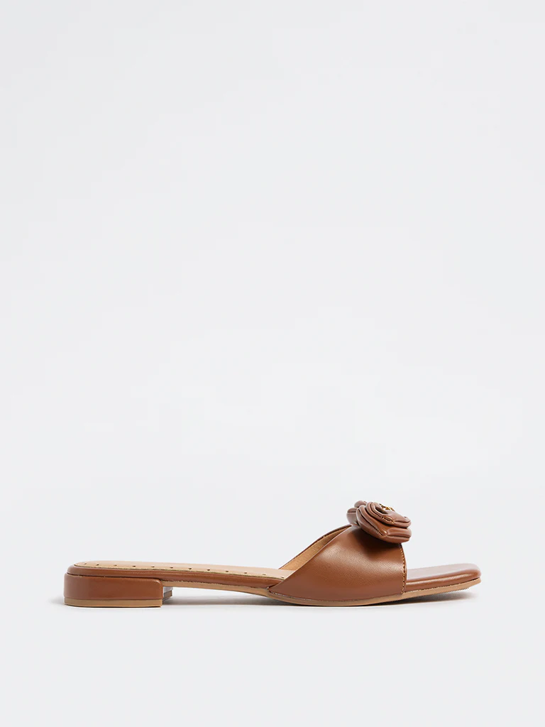 LUNA BLU Tan Bow-Detailed Slides - Image 2
