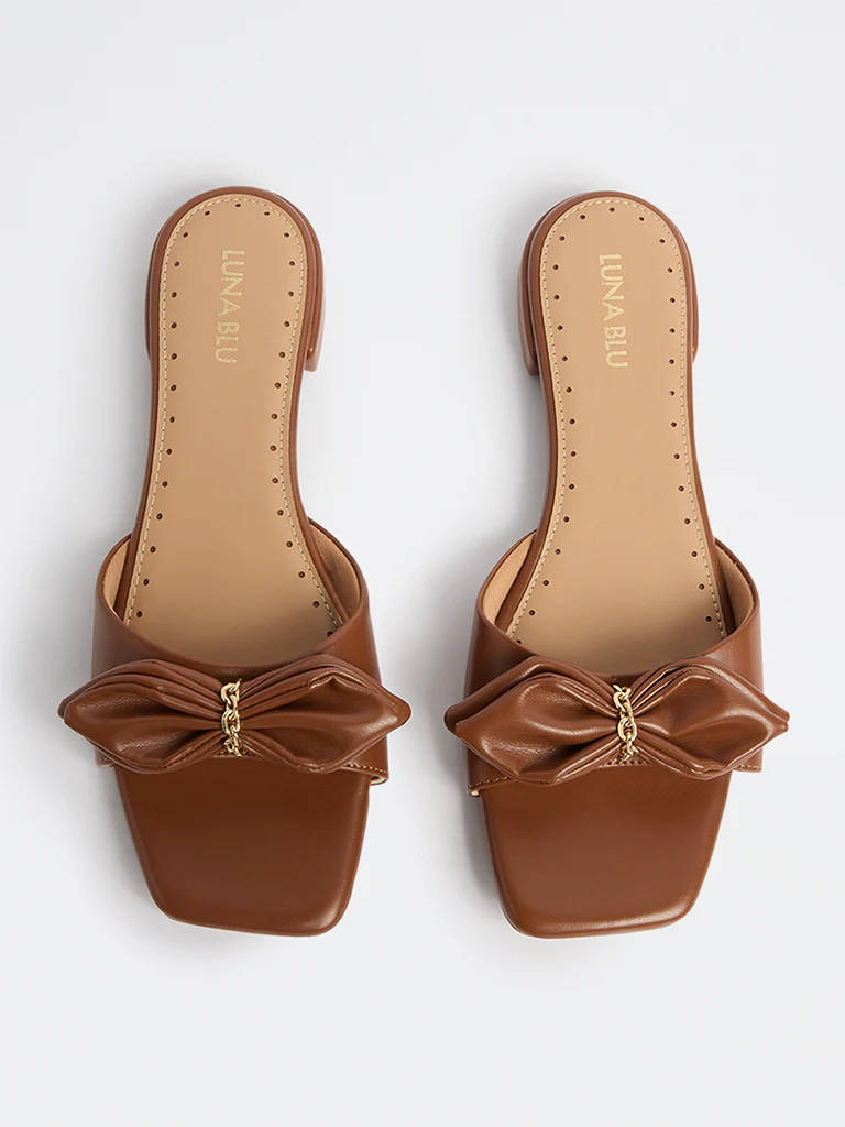 LUNA BLU Tan Bow-Detailed Slides - Image 3
