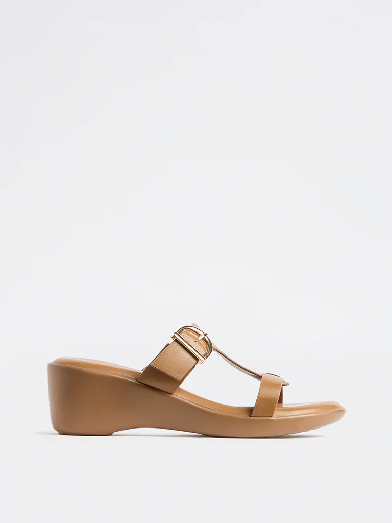 LUNA BLU Tan Buckle-Detail Wedge-Heel Sandals - Image 2