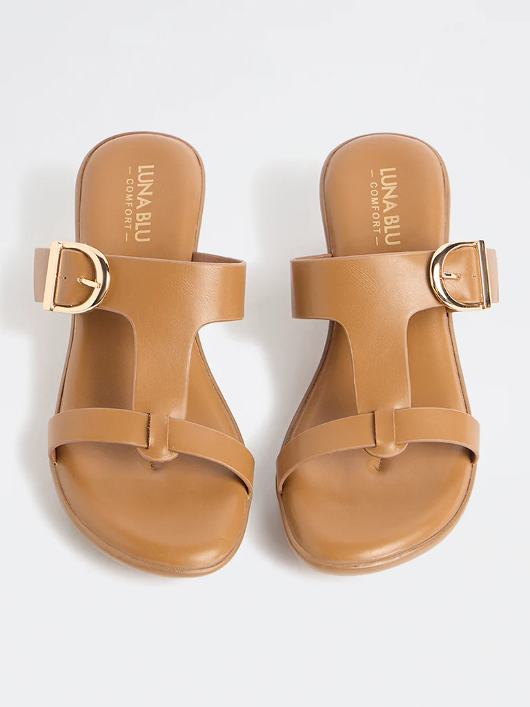LUNA BLU Tan Buckle-Detail Wedge-Heel Sandals - Image 3